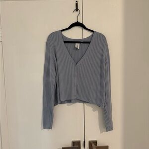 Elegant Blue Ribbed V-Neck Button Down Shirt